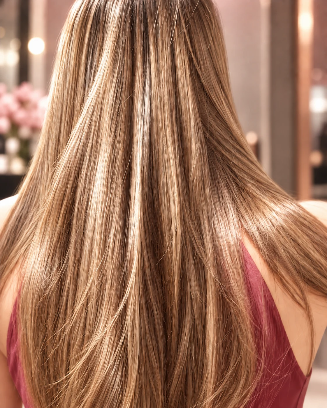 Melena rubia lisa con luz cálida en el salón